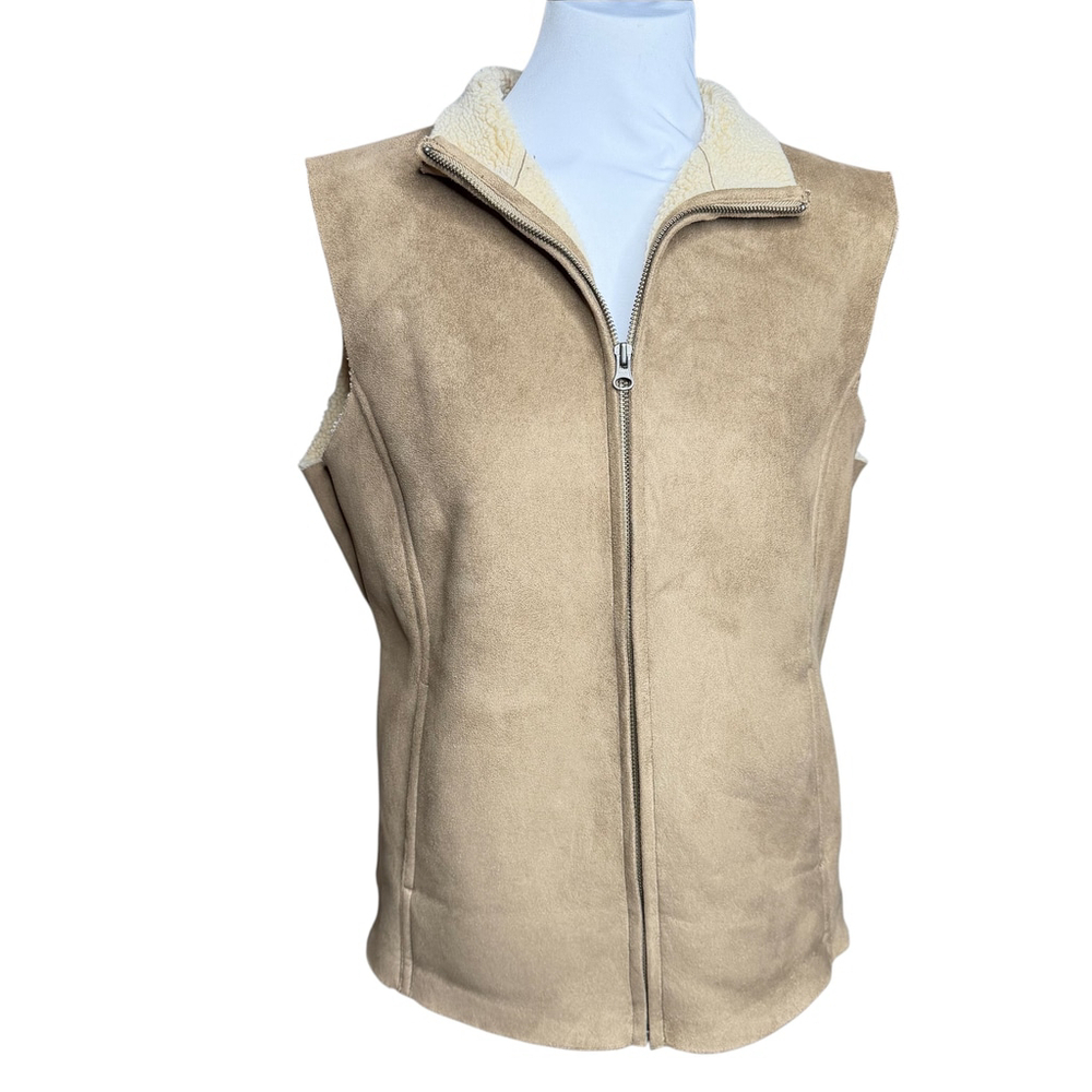 Land's End tan brown faux Suede lined vest womens Medium 10-12